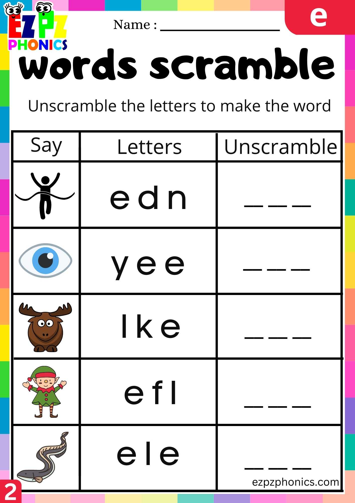Group2 Letter E Words Scramble Beginning Sounds Worksheet